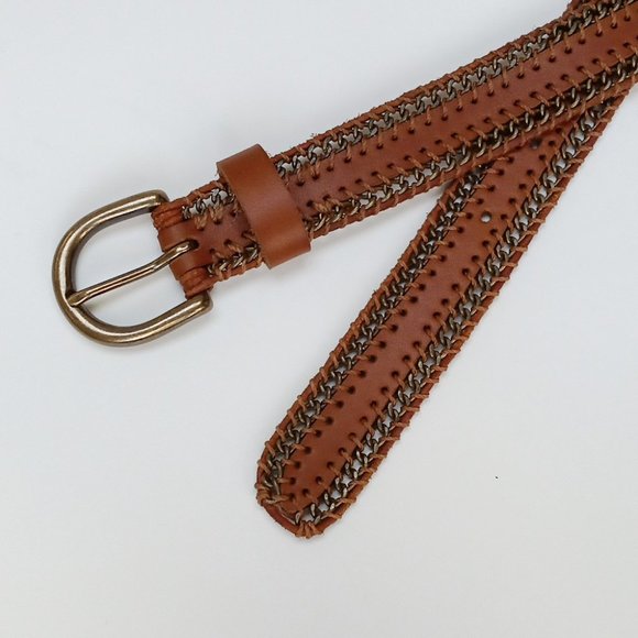 Antique Brass Chain Leather Boho Belt - Picture 2 of 4